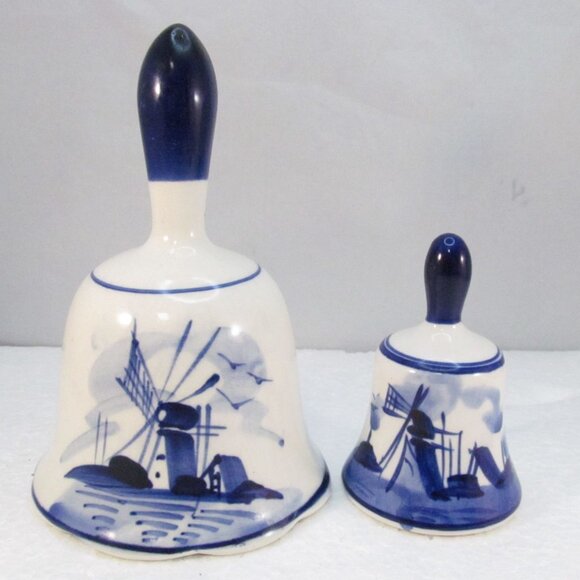 Vintage Ceramic Handpainted Blue Delft Bells Holland 2 Piece Set - Picture 1 of 12
